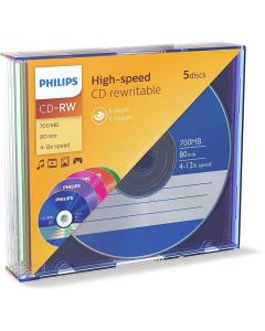 Philips CD-RW 80MIN Blank Disc x 5 Jewel Case 700MB 4-12 X Speed
