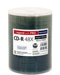 100 Pack Professional CD-R Legend with Pro Taiyo Yuden TY Technology 48X 700MB 80Min (MID 97m24s01f) White Inkjet Hub Printable Blank Recordable Disc