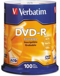 Verbatim 95102 DVD-R Discs, 4.7Gb, 16X, Spindle, Silver, 100/Pack