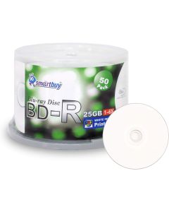 Smartbuy 50-disc 25gb 6X Bd-r BDR Blu-ray Single Layer White Inkjet Hub Printable Blank Data Recordable Media Disc with Cakebox/Spindle Packing
