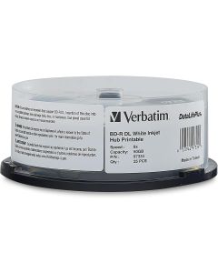 Verbatim BD-R DL 50GB 8X Blu-ray Recordable Media Disc DataLifePlus White Inkjet Hub Printable - 25pk Spindle - 97334